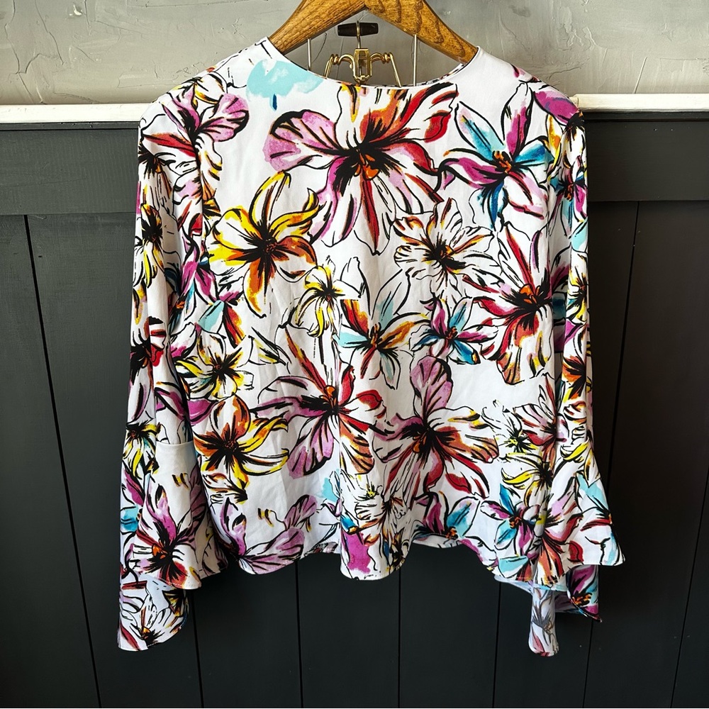 NEW Retro Catherine Malandrino Pink Blue Floral Bell Sleeve Blouse size XL